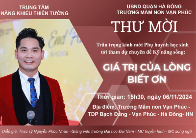 Thư mời quý phụ huynh học sinh tham dự chuyên đề kỹ năng sống “Giá trị của lòng biết ơn”